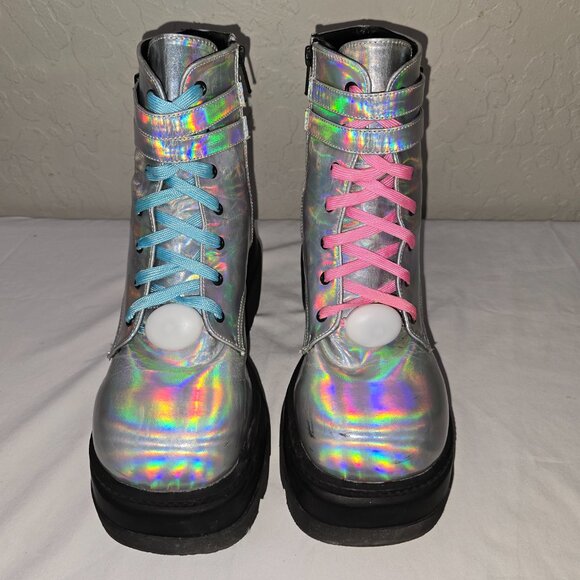 Demonia Shaker 52 Platform Holographic Goth Boots Women's Size 12 - Picture 7 of 11